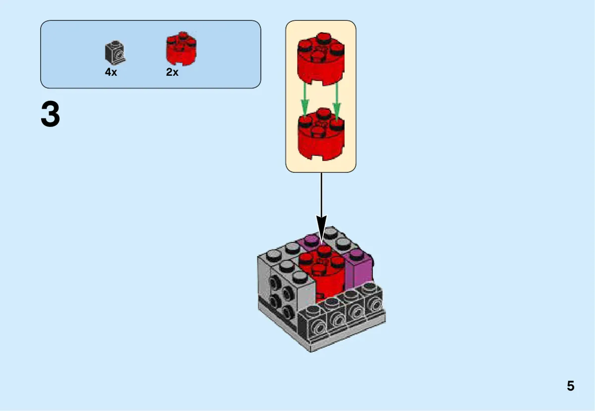 Page 5 de la notice LEGO 41486 : Deux éléments rouges sont ajoutés au noyau gris.