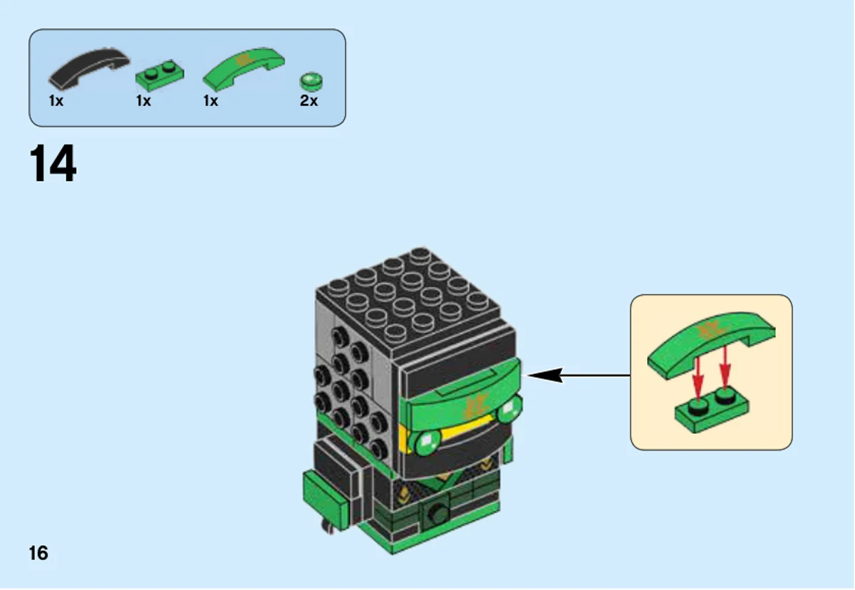 Page 16 de la notice LEGO 41487 : Le bandeau imprimé se fixe sur une plaque verte ; les deux yeux ronds verts sont ajoutés au visage.