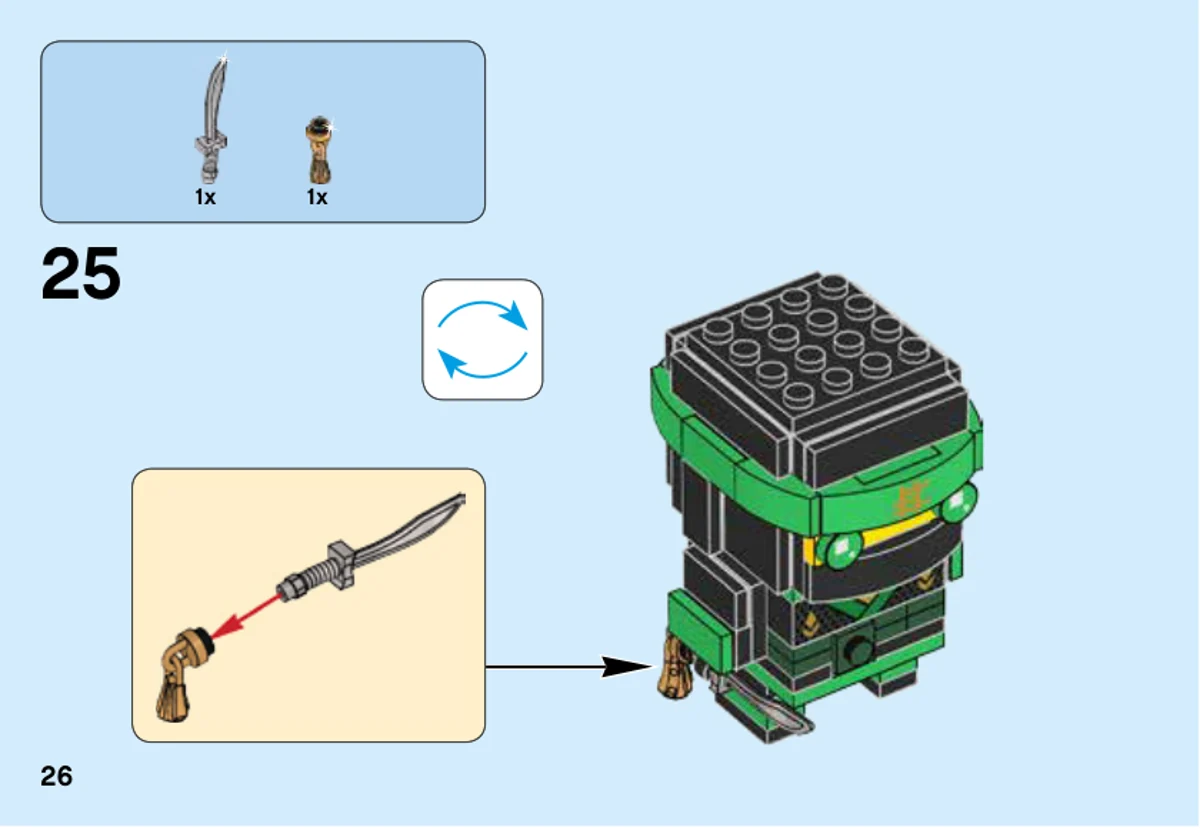 Page 26 de la notice LEGO 41487 : La lame argentée reçoit la pampille dorée, puis l’accessoire rejoint le personnage retourné à l’endroit.