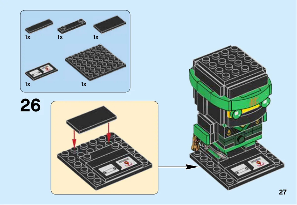 Page 27 de la notice LEGO 41487 : Le socle est assemblé avec sa tuile Exclusive avant d’accueillir le modèle terminé.
