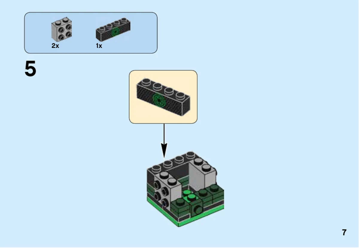 Page 7 de la notice LEGO 41487 : Deux briques grises à tenons latéraux et la brique noire décorée de l’emblème vert complètent le noyau.