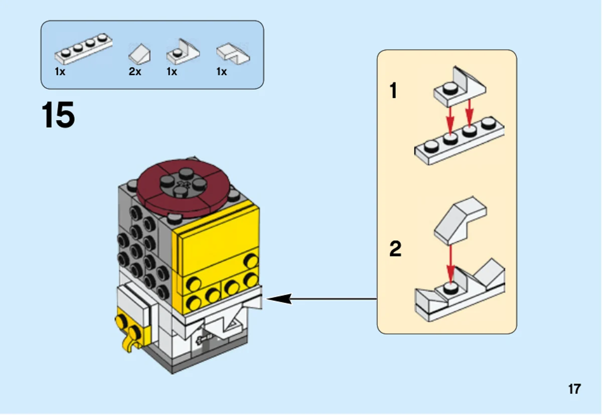 Page 17 de la notice LEGO 41488 : Des éléments blancs inclinés sont montés sur une plaque de 1 × 4, puis fixés sous le visage jaune pour poursuivre la moustache et la barbe.