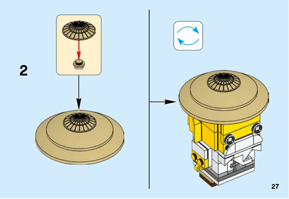 Page 27 de la notice LEGO 41488 : L’élément conique beige termine le chapeau déjà commencé à la page précédente ; l’assemblage est retourné puis placé sur la tête.