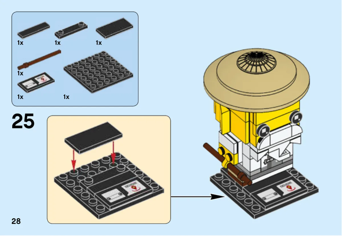 Page 28 de la notice LEGO 41488 : Le bâton brun rejoint la main du personnage ; le socle noir décoré est monté avant d’accueillir le modèle.
