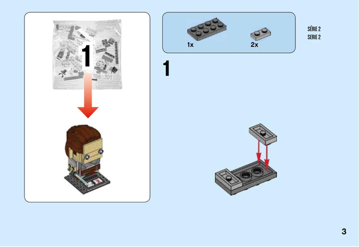 Notice officielle LEGO 41489, livret 6220679, page 3, étape 1 : La page 3 du livret de Rey commence la structure avec une plaque grise et deux petites plaques grises ; elle identifie aussi le sachet 1.