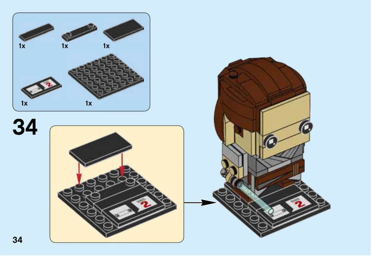 Notice officielle LEGO 41489, livret 6220679, page 34, étape 34 : La page 34 assemble le socle noir avec la tuile BrickHeadz de série 2, puis montre Rey placé sur sa base.