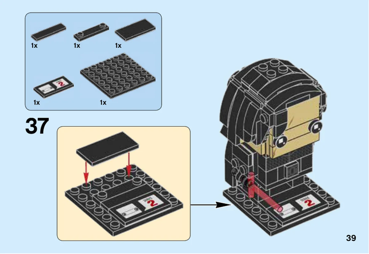 Notice officielle LEGO 41489, livret 6220681, page 39, étape 37 : La page 39 assemble le socle noir et sa tuile imprimée de série 2, puis positionne Kylo Ren sur la base.