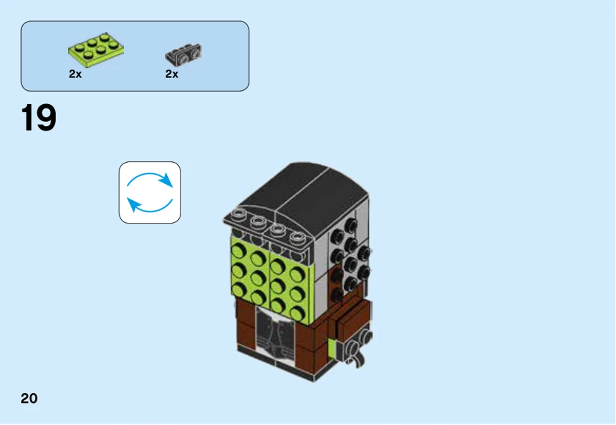 Notice officielle LEGO 41607, livret 1, page 20 : L’étape 19 ajoute deux plaques vert citron à l’avant de la tête et deux briques noires à tenons latéraux au-dessus.