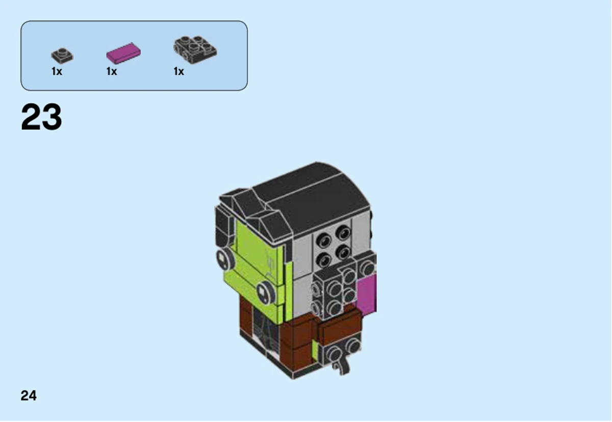 Notice officielle LEGO 41607, livret 1, page 24 : L’étape 23 ajoute une tuile magenta et des éléments noirs sur le côté de la tête.