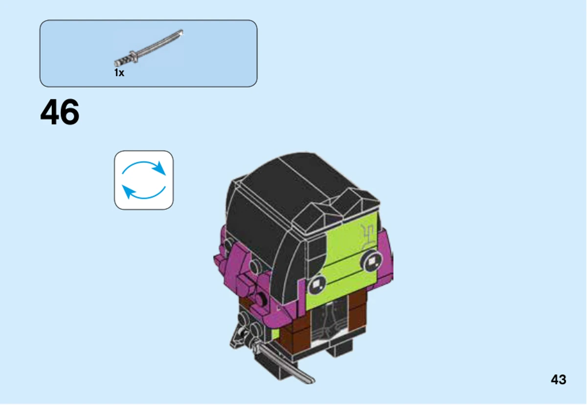 Notice officielle LEGO 41607, livret 1, page 43 : L’étape 46 place l’épée argentée dans la main du personnage à la chevelure noire et magenta.