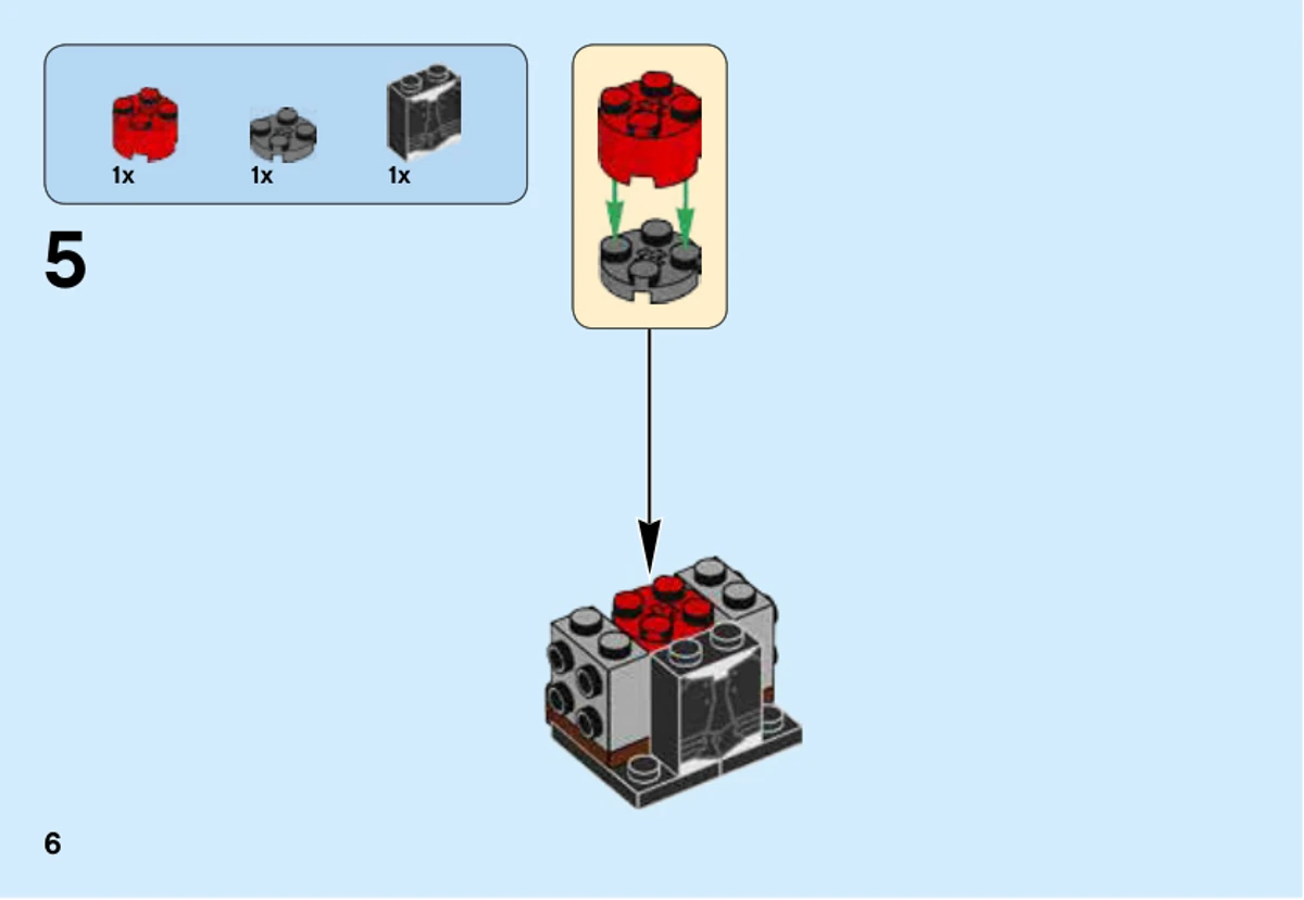 Notice officielle LEGO 41607, livret 1, page 6 : L’étape 5 pose la brique noire imprimée à l’avant du corps et un petit assemblage rond rouge et gris à l’intérieur.