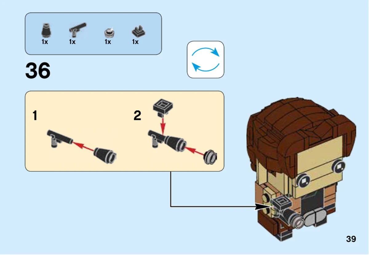 Page 39 de la notice LEGO 41608, étape 36 : Deux vues décomposent le petit pistolet noir et argenté. La flèche montre sa fixation au bras du personnage.
