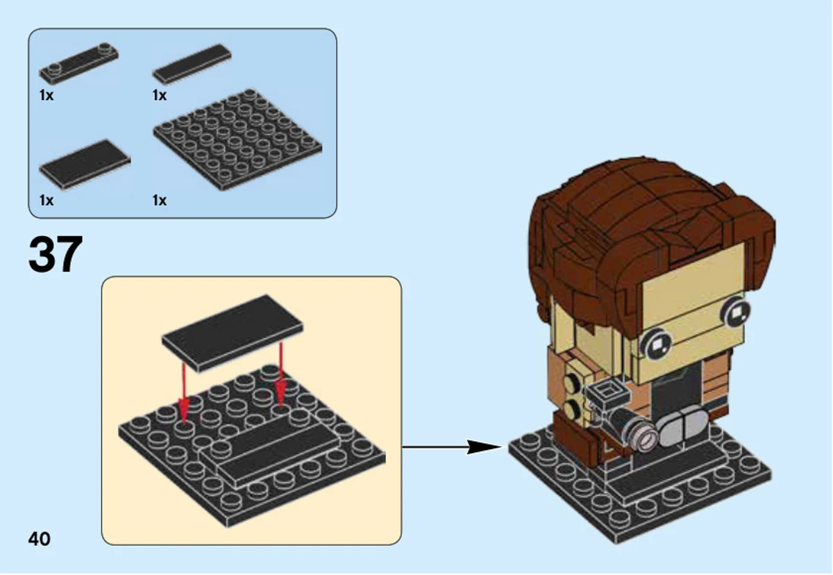 Page 40 de la notice LEGO 41608, étape 37 : La plaque noire 6 × 6 reçoit trois éléments noirs avant la pose du personnage terminé sur sa base.