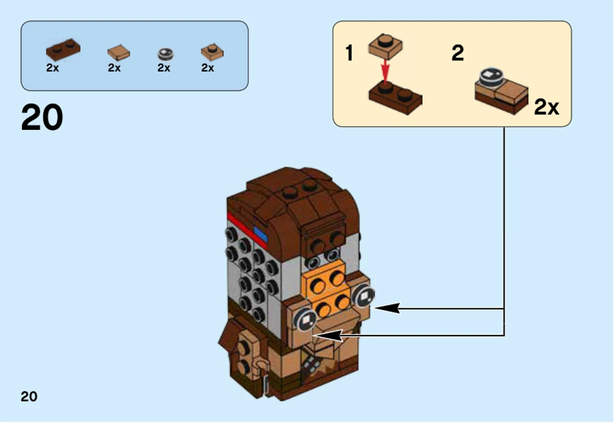 Page 20 de la notice LEGO 41609, étape 20 : Les deux yeux noirs imprimés rejoignent de petits sous-assemblages bruns et brun clair, puis se fixent de part et d’autre du centre du visage.