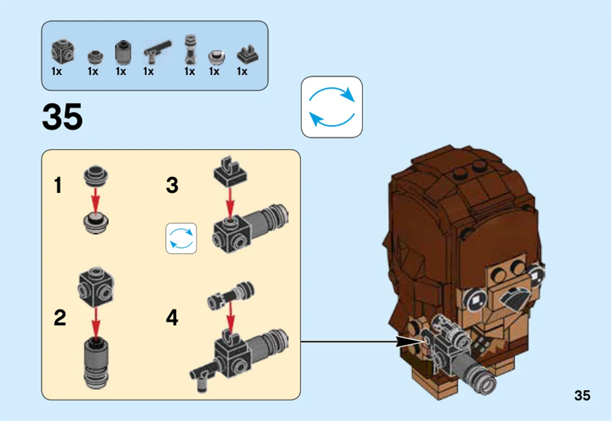 Page 35 de la notice LEGO 41609, étape 35 : Sept éléments forment le pistolet en quatre sous-étapes illustrées. Une flèche indique ensuite sa fixation au personnage.