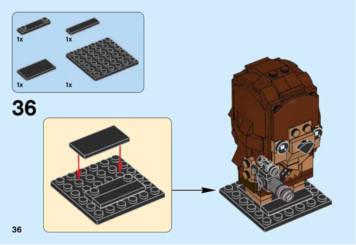 Page 36 de la notice LEGO 41609, étape 36 : La plaque noire 6 × 6 reçoit trois éléments noirs avant que le personnage terminé soit installé sur sa base.