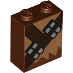 Brique marron haute à deux tenons, vue de trois quarts, imprimée de fourrure claire et d’une ceinture diagonale à rectangles gris.