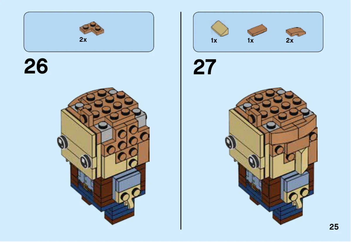 Livret 1, page 25, étape 26 et 27 : Les éléments courbes marron et nougat habillent la tête.