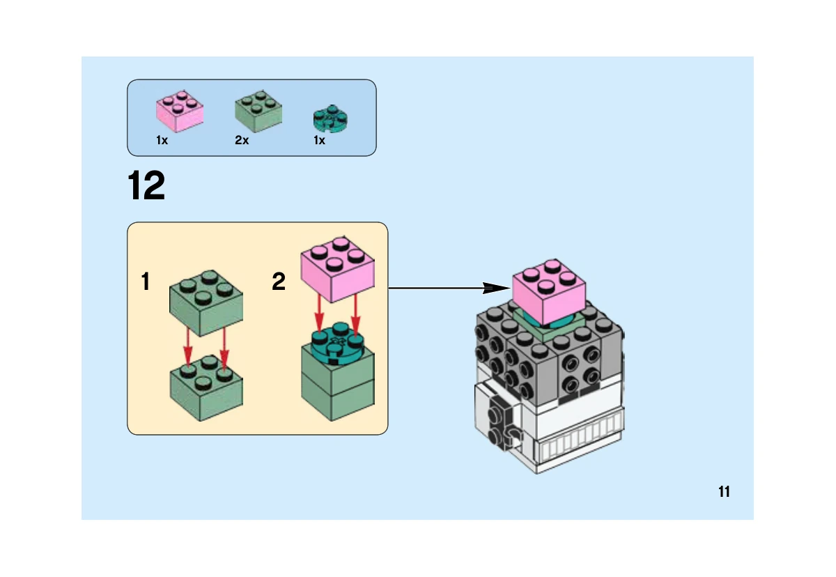 Notice LEGO 41620, livret 6249110, page 11, étape 12 : Empilement vert et rose à l’intérieur de la tête, avant la pose de l’habillage blanc.
