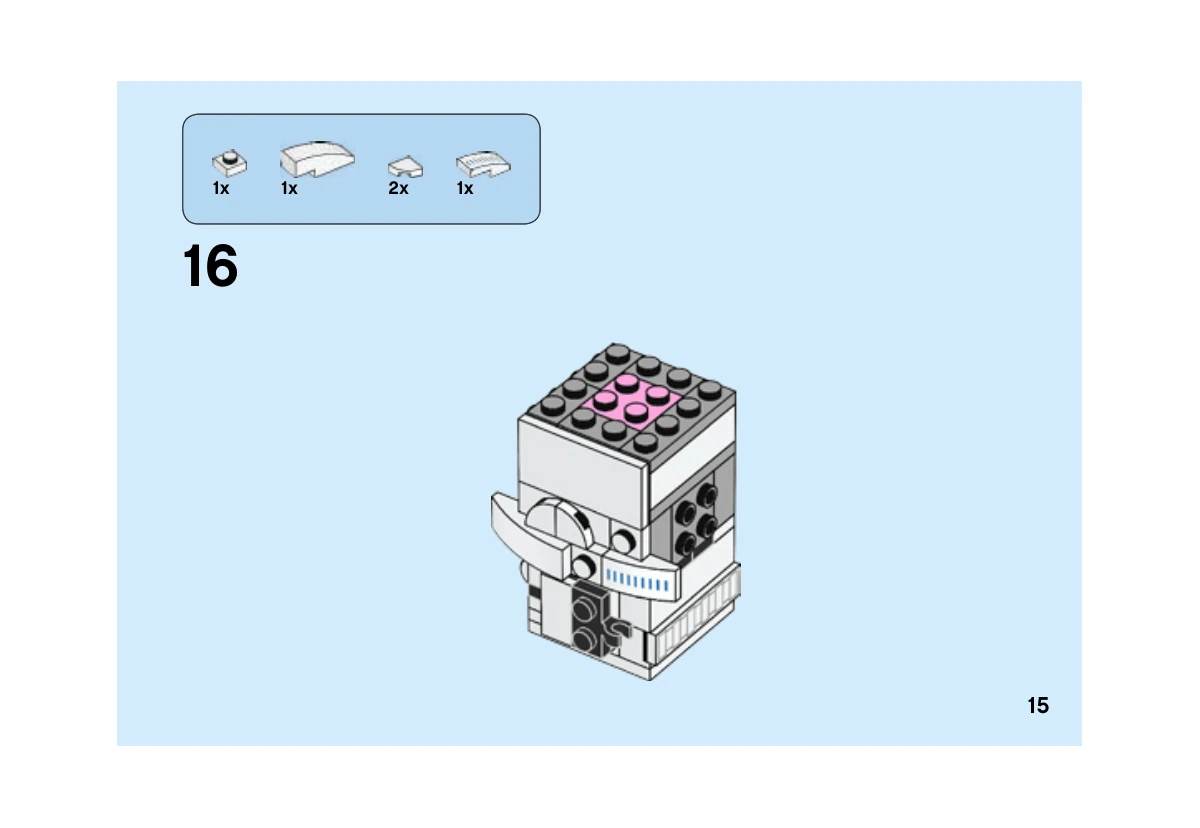 Notice LEGO 41620, livret 6249110, page 15, étape 16 : Ajout de l’arc, de la tuile et des pentes blanches du casque ; les pièces latérales à lignes bleues sont déjà en place.