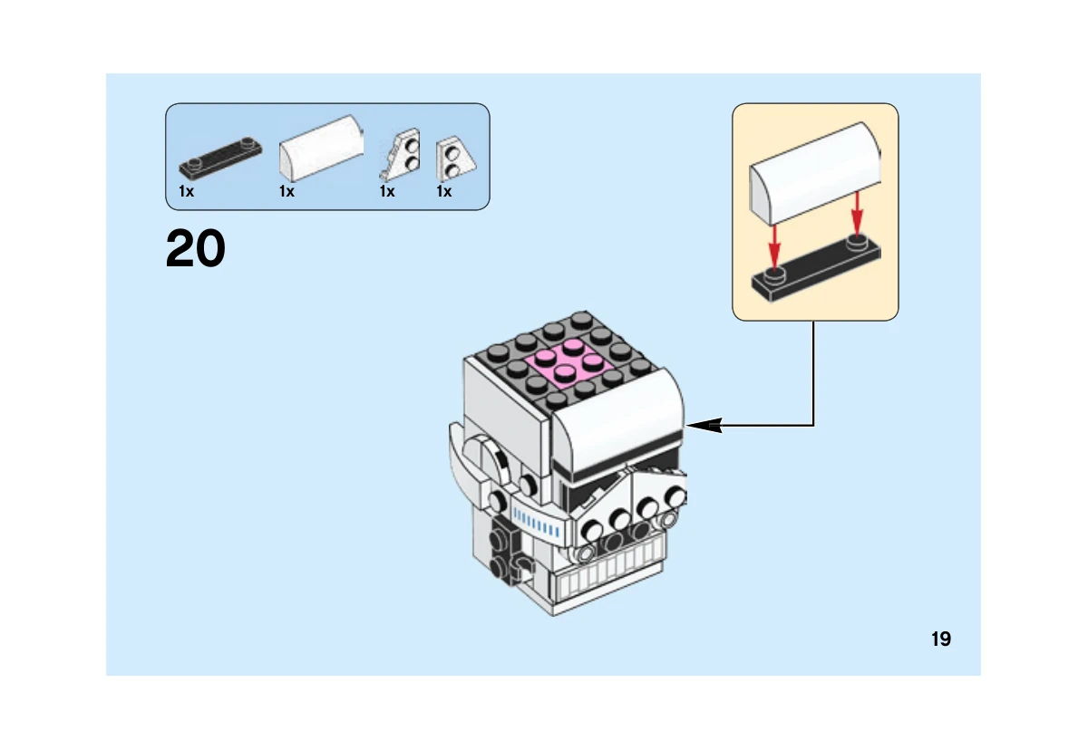 Notice LEGO 41620, livret 6249110, page 19, étape 20 : Préparation du petit ensemble noir et blanc, puis fixation sur l’avant du casque.