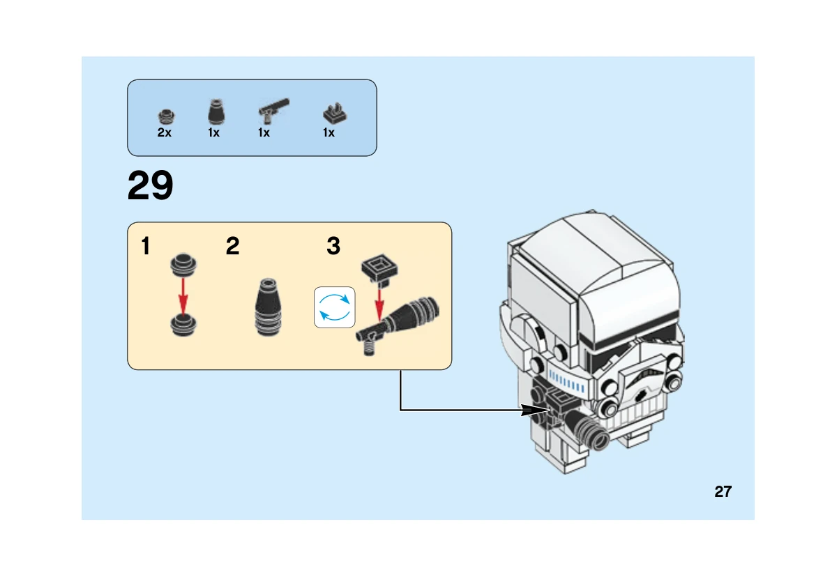 Notice LEGO 41620, livret 6249110, page 27, étape 29 : Assemblage de l’accessoire noir puis fixation au bras du Stormtrooper.
