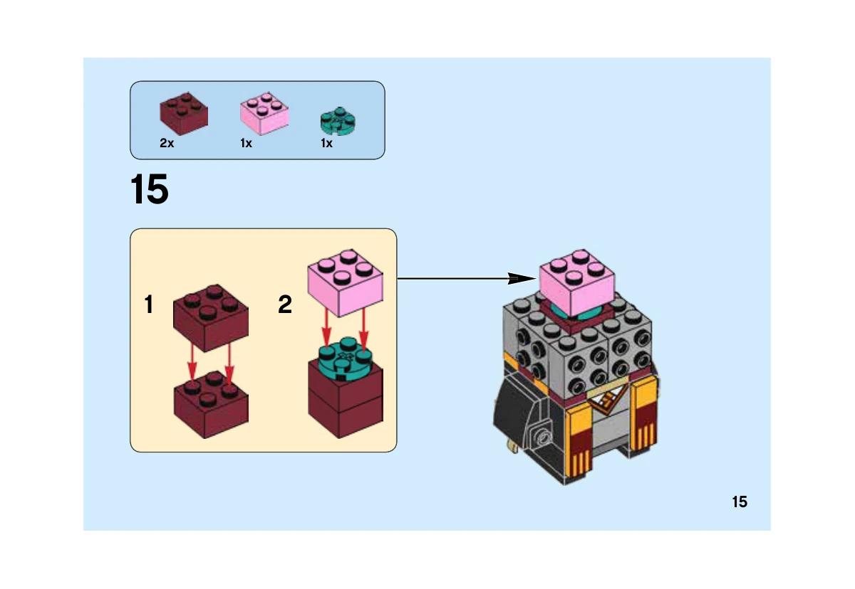 Notice LEGO 41621, livret 6247392, page 15, étape 15 : Empilement interne vert, rose et rouge avant la pose du visage et des cheveux.