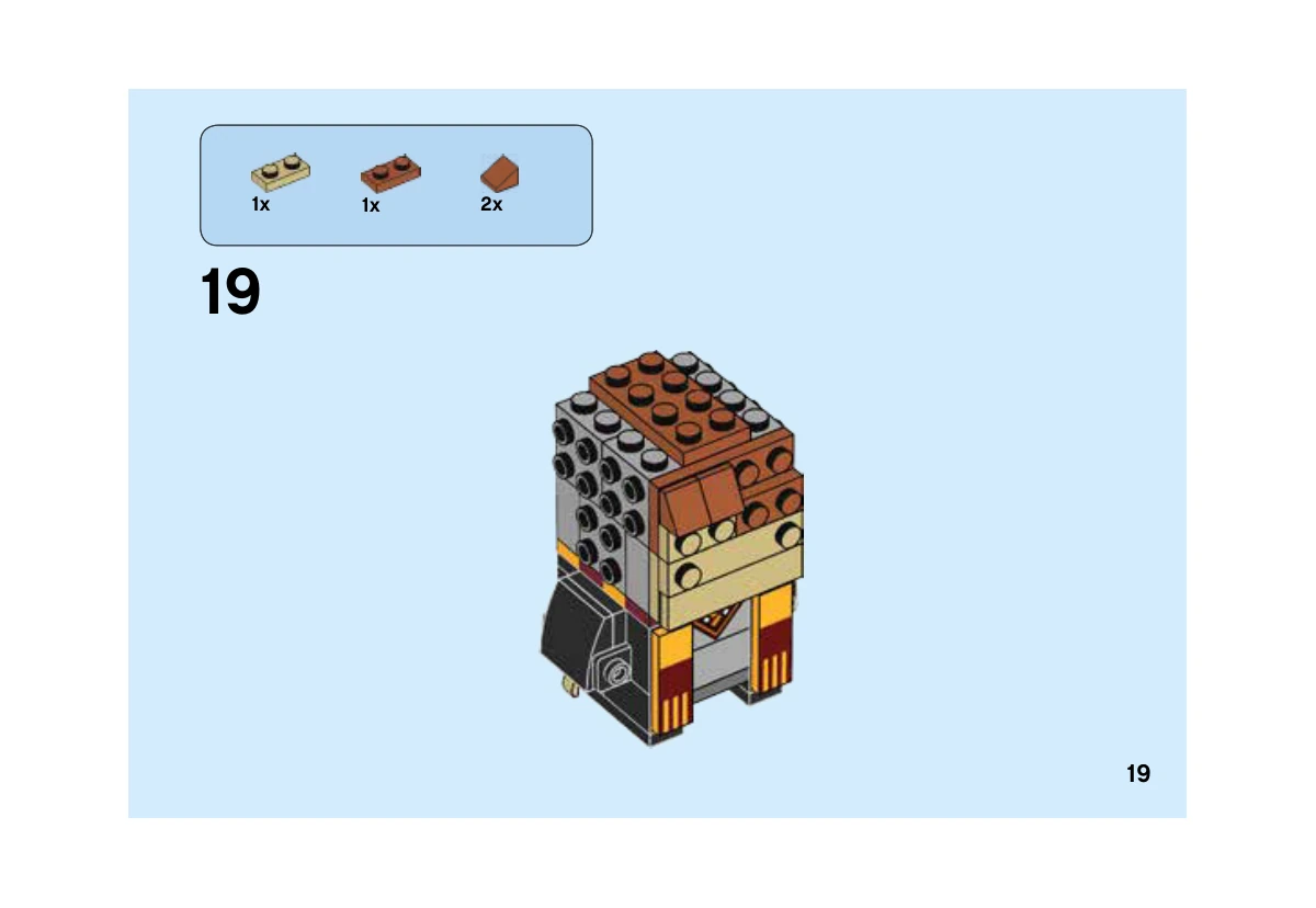 Notice LEGO 41621, livret 6247392, page 19, étape 19 : Ajout de la brique beige et des pentes orange foncé du front ; les yeux imprimés ne sont pas encore posés.
