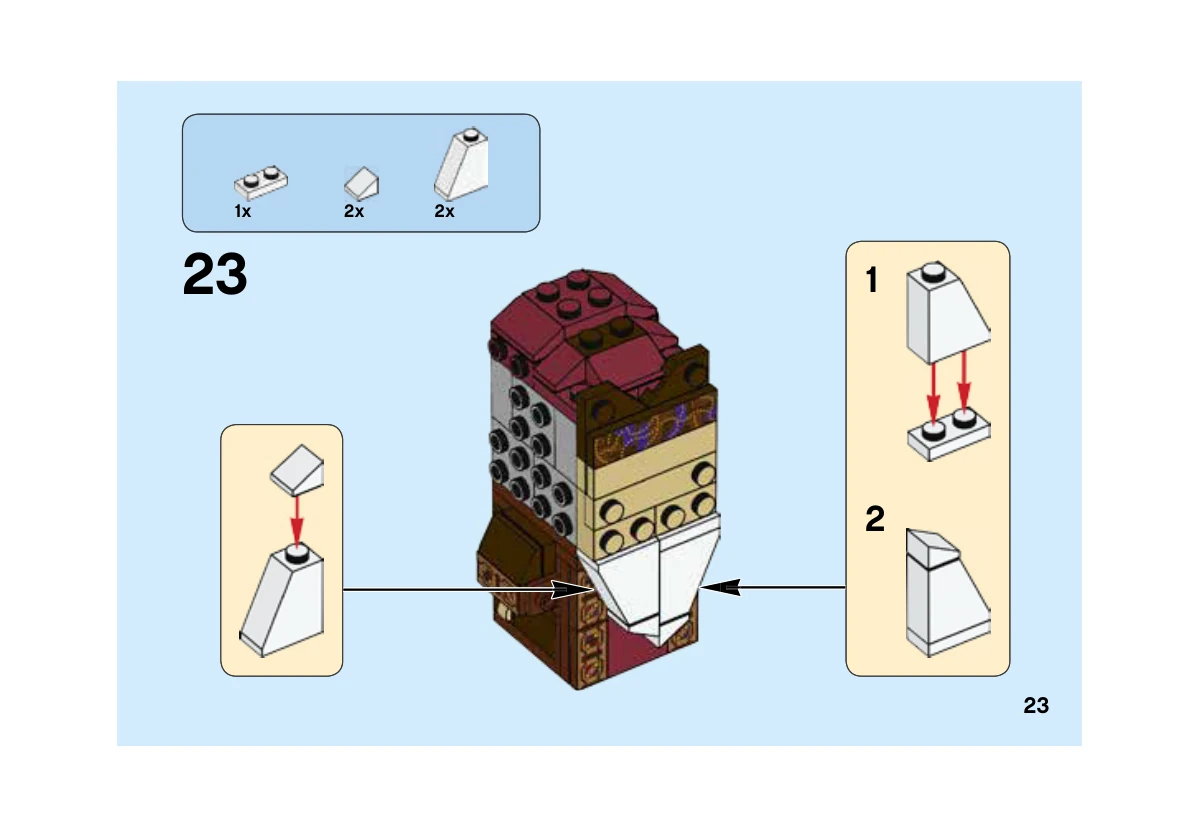 Notice LEGO 41621, livret 6247395, page 23, étape 23 : Construction de deux sous-ensembles blancs puis fixation au bas du visage.