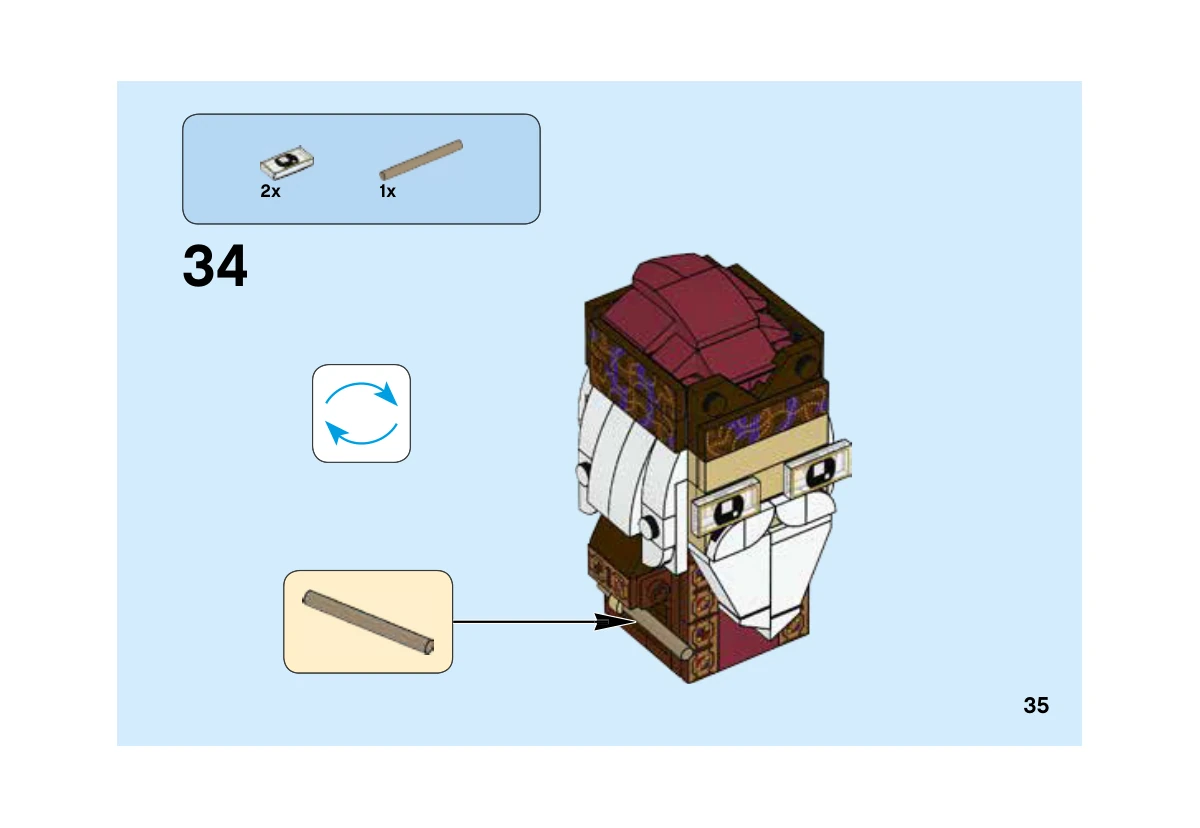Notice LEGO 41621, livret 6247395, page 35, étape 34 : Retournement du personnage et placement de la petite baguette dans la main.