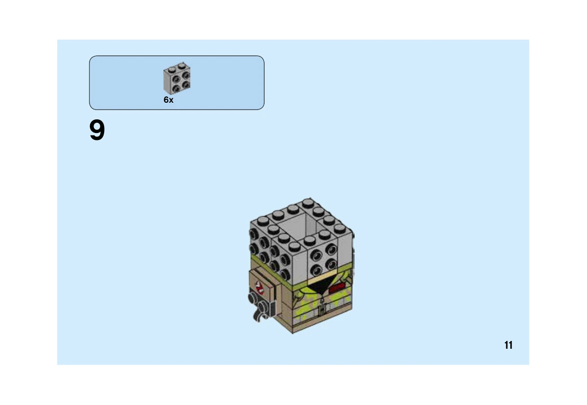 Notice LEGO 41622, livret 6248197, page 11, étape 9 : Ajout de six briques grises à tenons latéraux au-dessus du torse imprimé.
