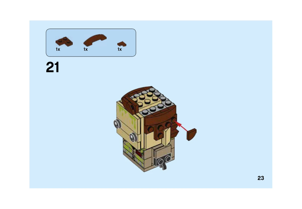 Notice LEGO 41622, livret 6248197, page 23, étape 21 : Ajout des éléments bruns qui habillent les côtés de la tête.