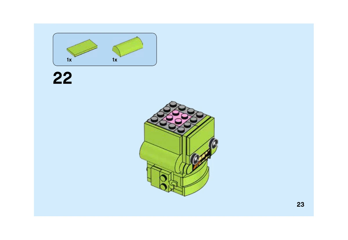 Notice LEGO 41622, livret 6248199, page 23, étape 22 : Pose des deux pentes vert citron sur la tête encore ouverte.