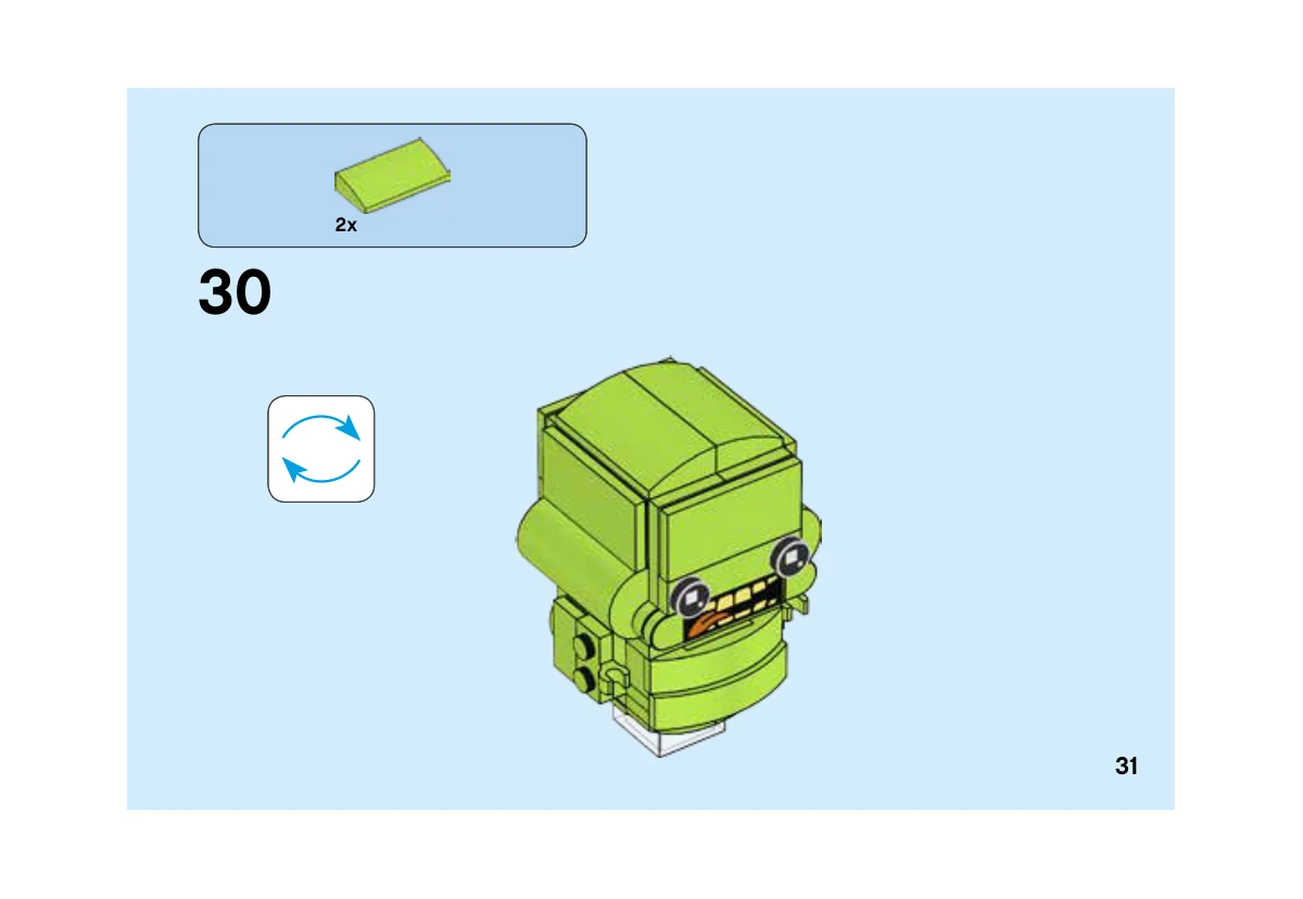 Notice LEGO 41622, livret 6248199, page 31, étape 30 : Après retournement du modèle, ajout de deux pentes vert citron sur le sommet.