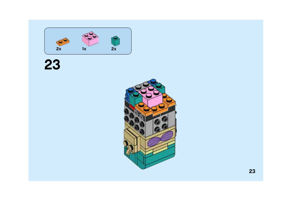 Notice LEGO 41623, livret 6248239, page 23, étape 23 : Ajout de l’empilement interne rose et vert dans la tête avant le visage.