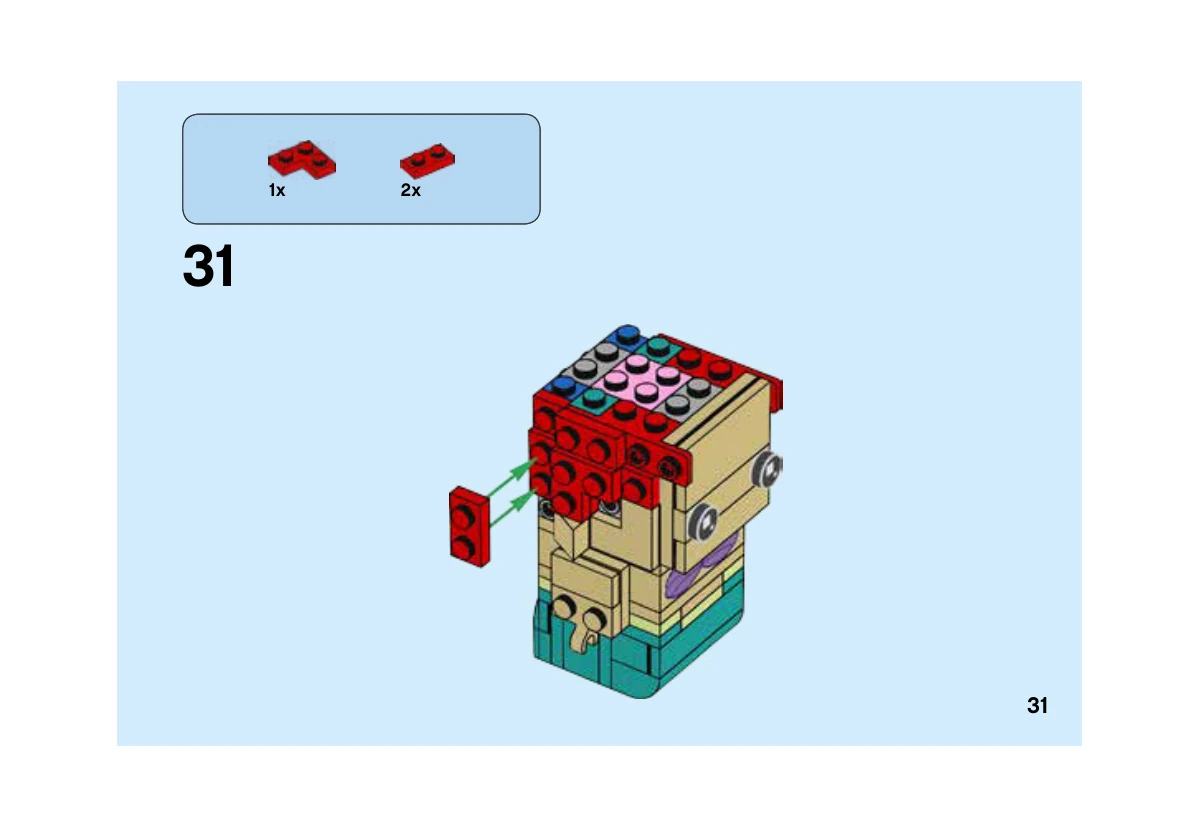 Notice LEGO 41623, livret 6248239, page 31, étape 31 : Ajout de plaques rouges 1 × 2 et d’une plaque d’angle sur le haut et le côté de la tête d’Ariel.