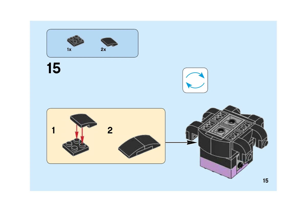 Notice LEGO 41623, livret 6249992, page 15, étape 15 : Retournement du modèle puis fixation des pentes noires qui habillent sa silhouette.