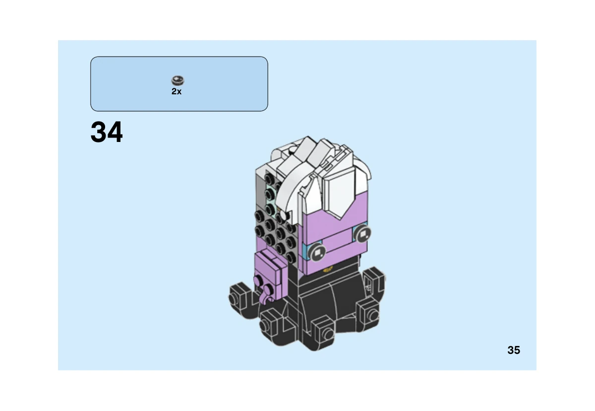 Notice LEGO 41623, livret 6249992, page 35, étape 34 : Fixation des deux tuiles rondes noires imprimées sur les yeux d’Ursula ; les cheveux blancs et l’habillage du front sont déjà en place.