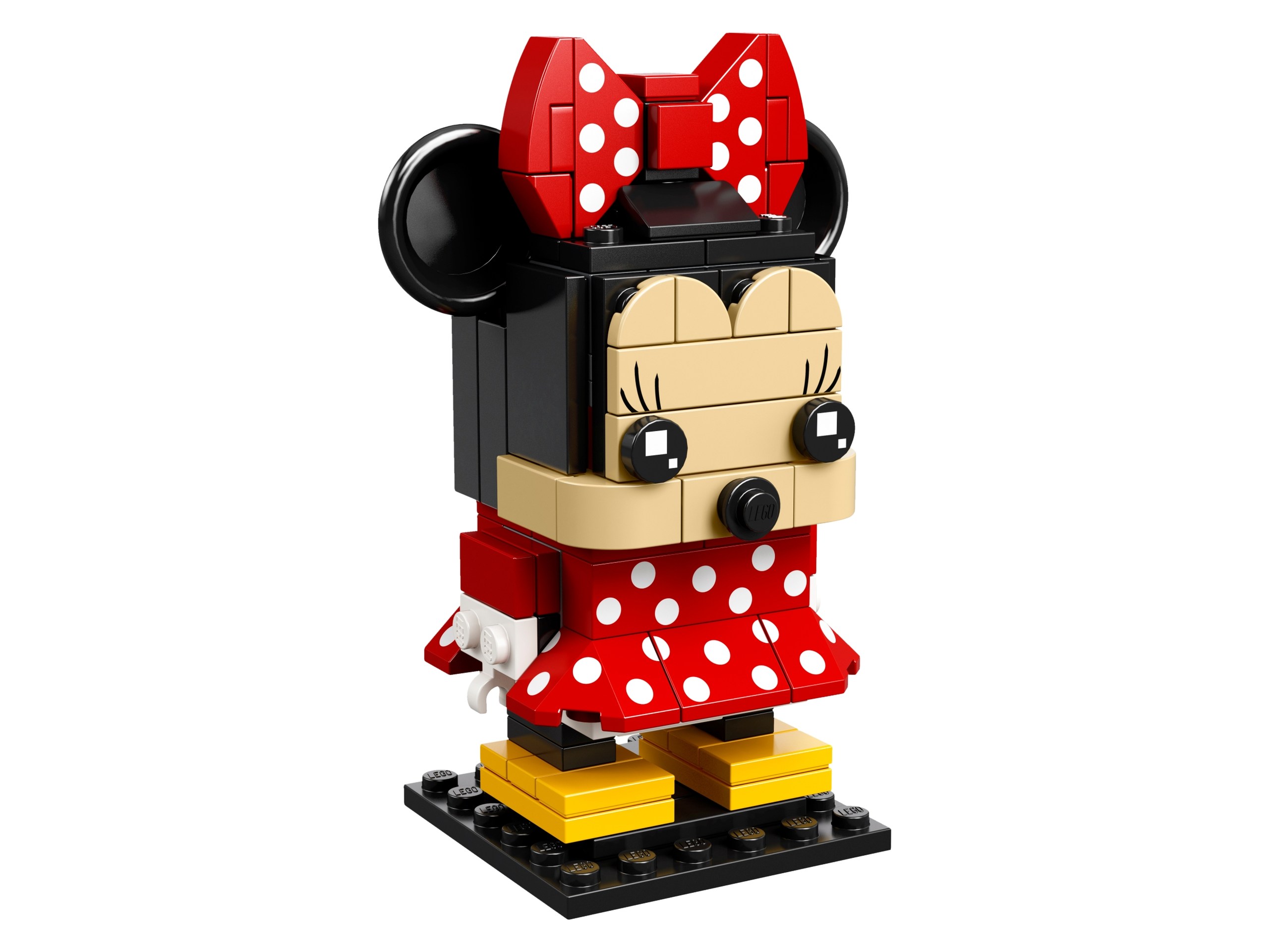 Modèle officiel LEGO 41625 : Minnie se reconnaît à ses deux oreilles rondes noires, à ses cils imprimés et à sa tenue rouge à pois blancs. Son nœud utilise lui aussi des éléments rouges imprimés.