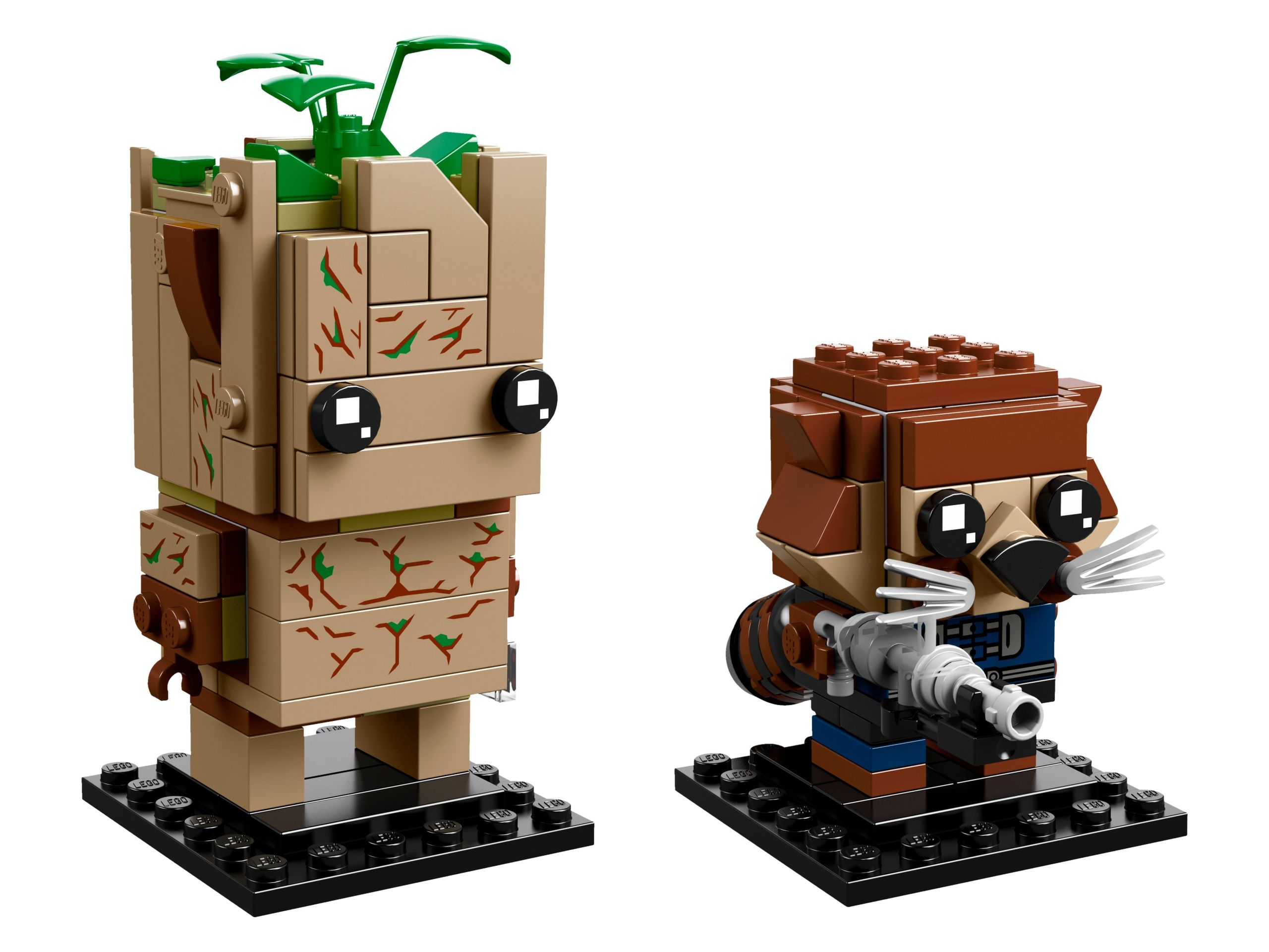 Modèle officiel LEGO 41626 : Le duo réunit Groot, aux pièces beige foncé décorées comme de l’écorce et au petit feuillage vert, et Rocket, plus petit, au visage brun et aux moustaches argentées. Chaque personnage possède son support noir.