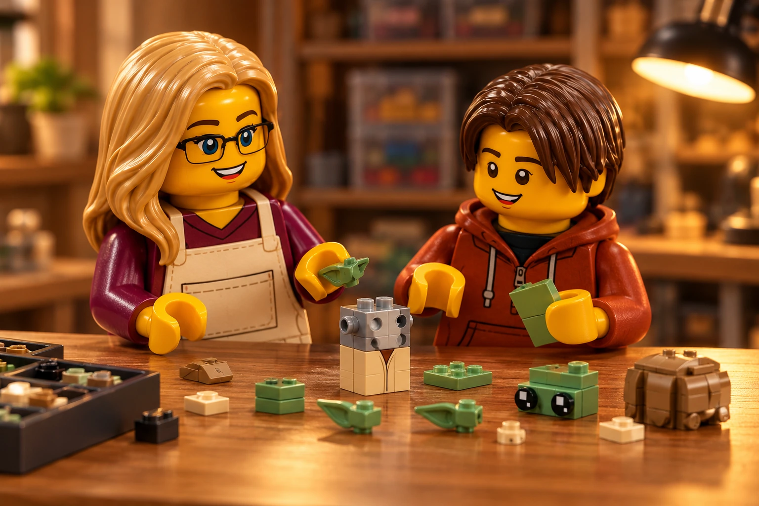 Illustration d’un atelier autour du petit modèle Luke Skywalker & Yoda : construction.