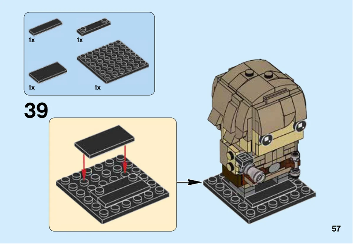 Page 57 de la notice officielle LEGO 41627, étape 39 : le socle de luke.