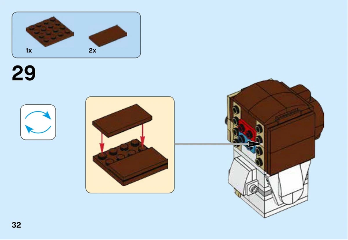 Page 32 de la notice officielle LEGO 41628, étape 29 : la coiffure.