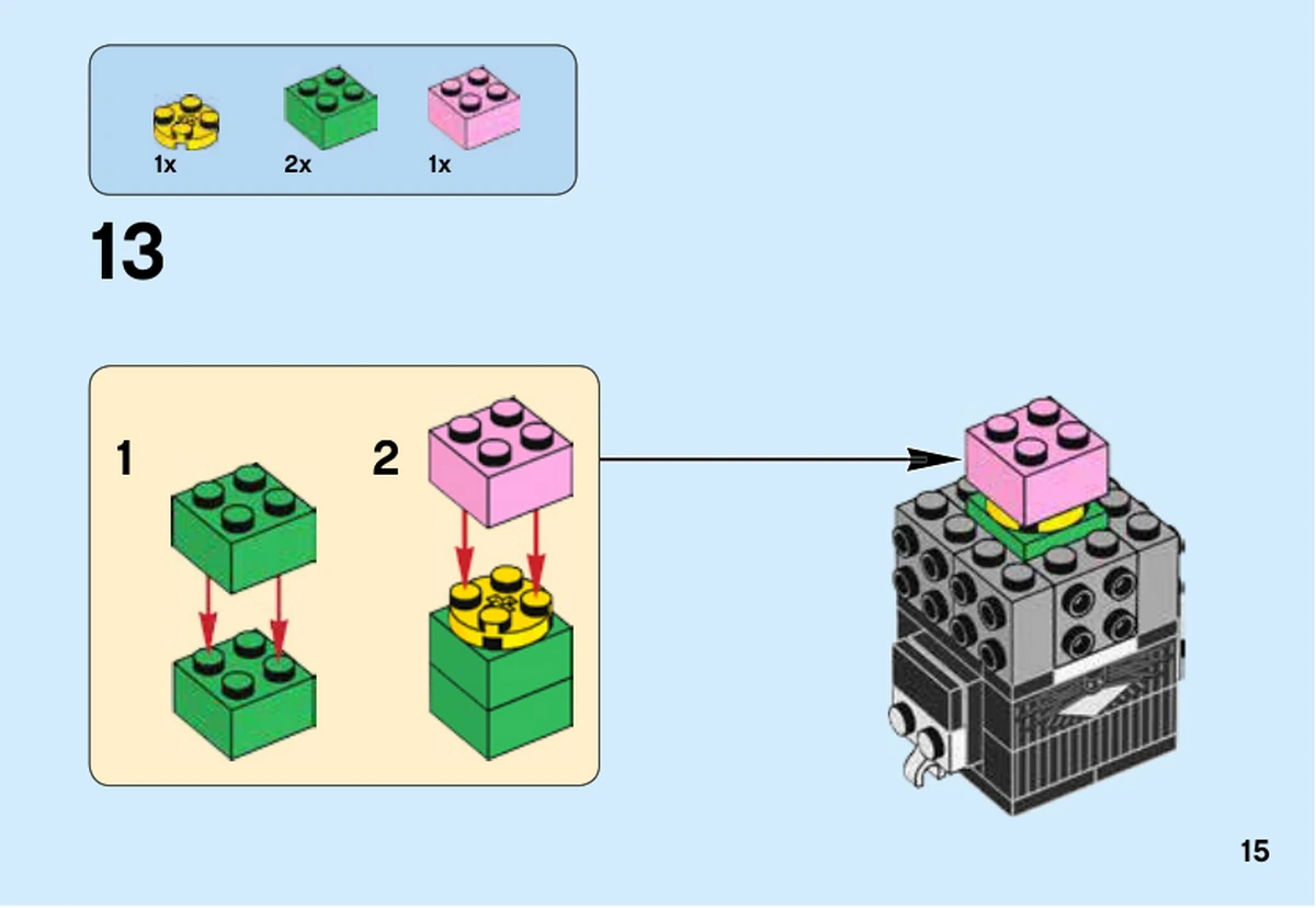 Notice LEGO 41630, livret 6250373, page 15, étape 13 : Empilement interne vert, jaune et rose placé au centre de la tête encore ouverte.