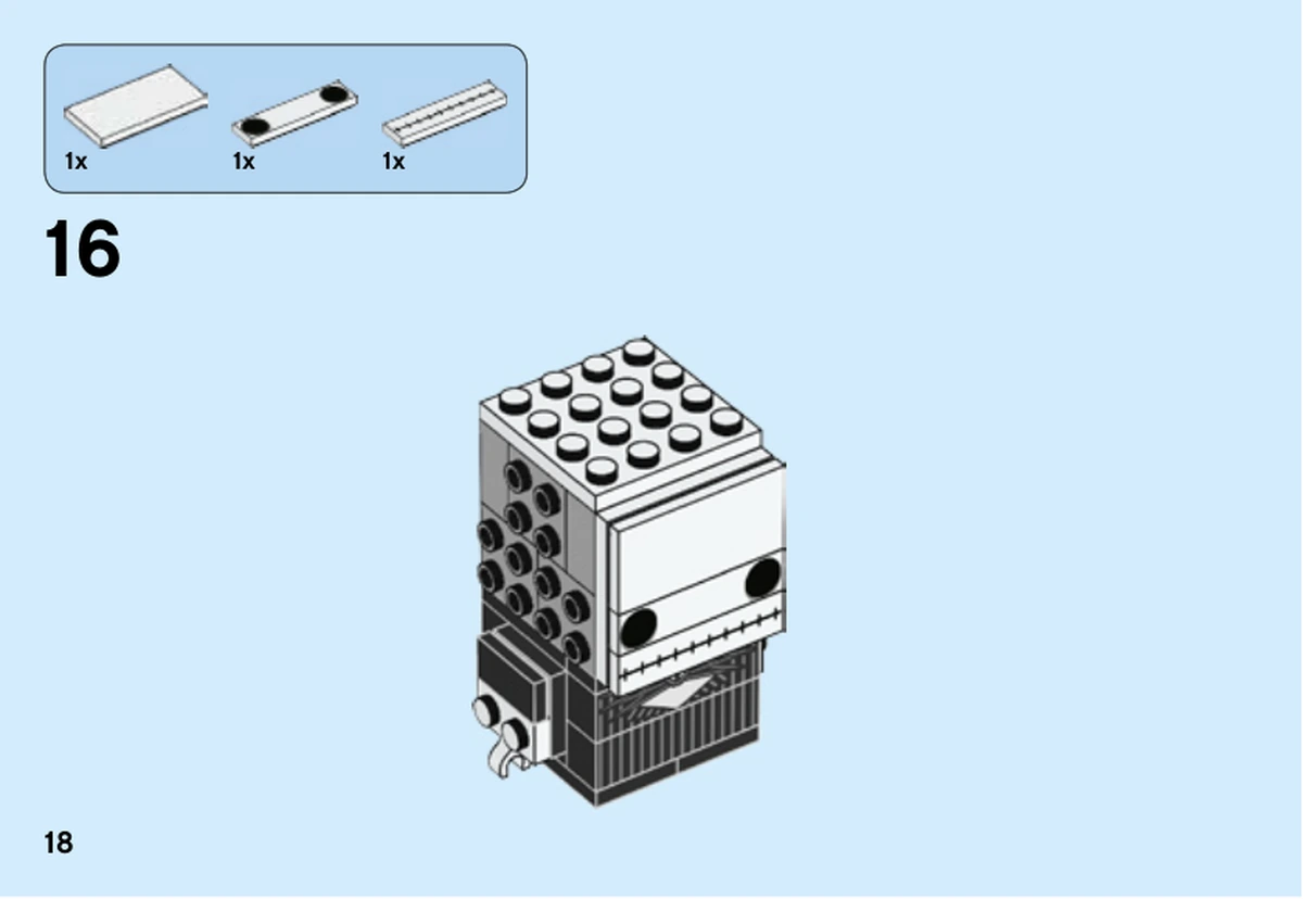 Notice LEGO 41630, livret 6250373, page 18, étape 16 : Les tuiles blanches imprimées des yeux et de la bouche rejoignent la face avant.
