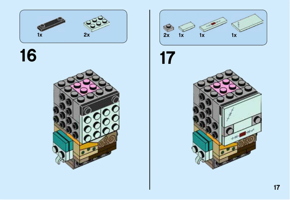 Notice LEGO 41630, livret 6250374, page 17, étape 16 et 17 : La tuile aqua clair du front et celle de la bouche sont posées sur la face avant.