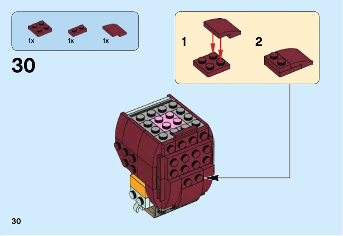 Notice LEGO 41630, livret 6250374, page 30, étape 30 : Préparation d’un petit sous-ensemble rouge foncé en deux sous-étapes puis fixation à la coiffure.