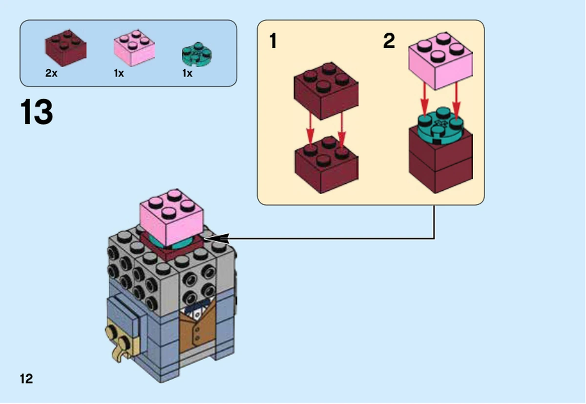 Notice LEGO 41631, livret 6252775, page 12, étape 13 : Le sous-assemblage rouge foncé, turquoise et rose complète l’intérieur encore ouvert de la tête.