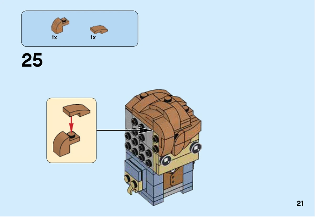 Notice LEGO 41631,livret 6252775,page 21,étape 25 :Un petit sous-assemblage de deux pièces nougat moyen complète un côté de la chevelure.
