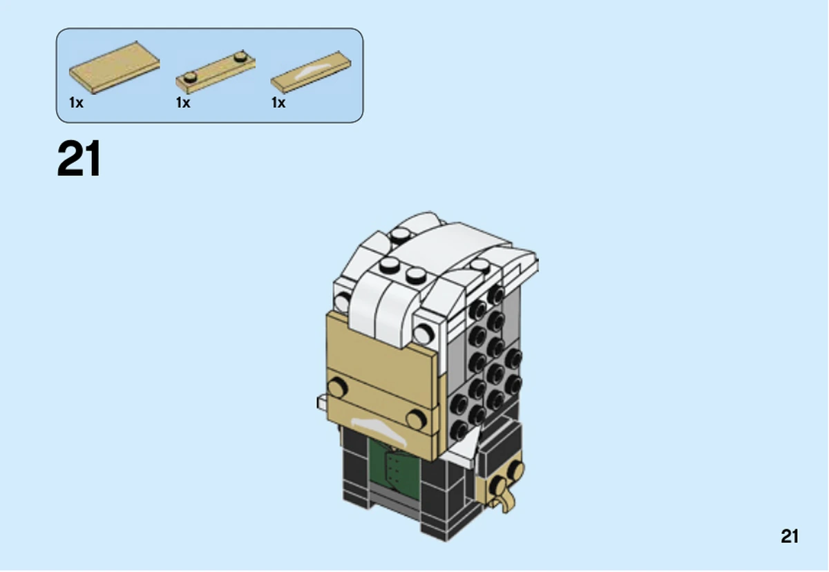 Notice LEGO 41631, livret 6252779, page 21, étape 21 : La tuile beige imprimée d’une moustache blanche rejoint la face avant.